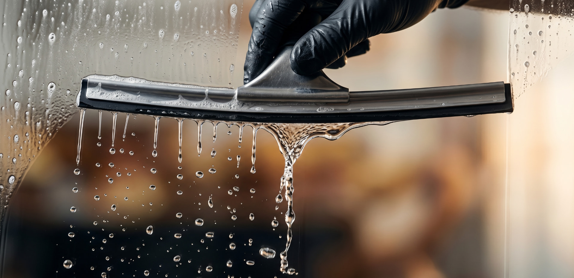 Detail of a squeegee blade on glass with water beading off the surface