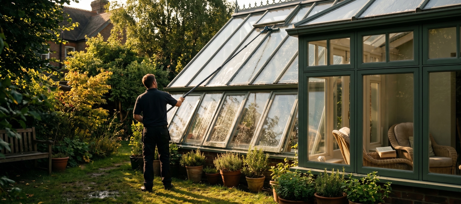 Oscar cleaning a garden greenhouse and conservatory roof with a water-fed pole in golden afternoon light