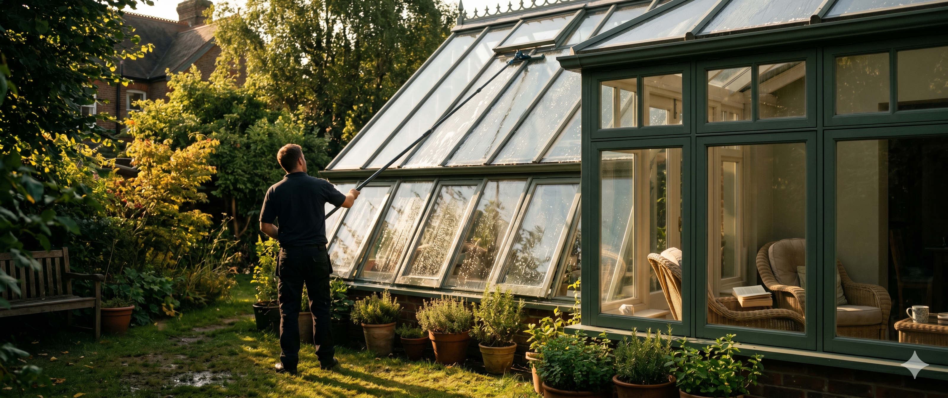 A residential conservatory mid-clean, glass roof panels half-finished