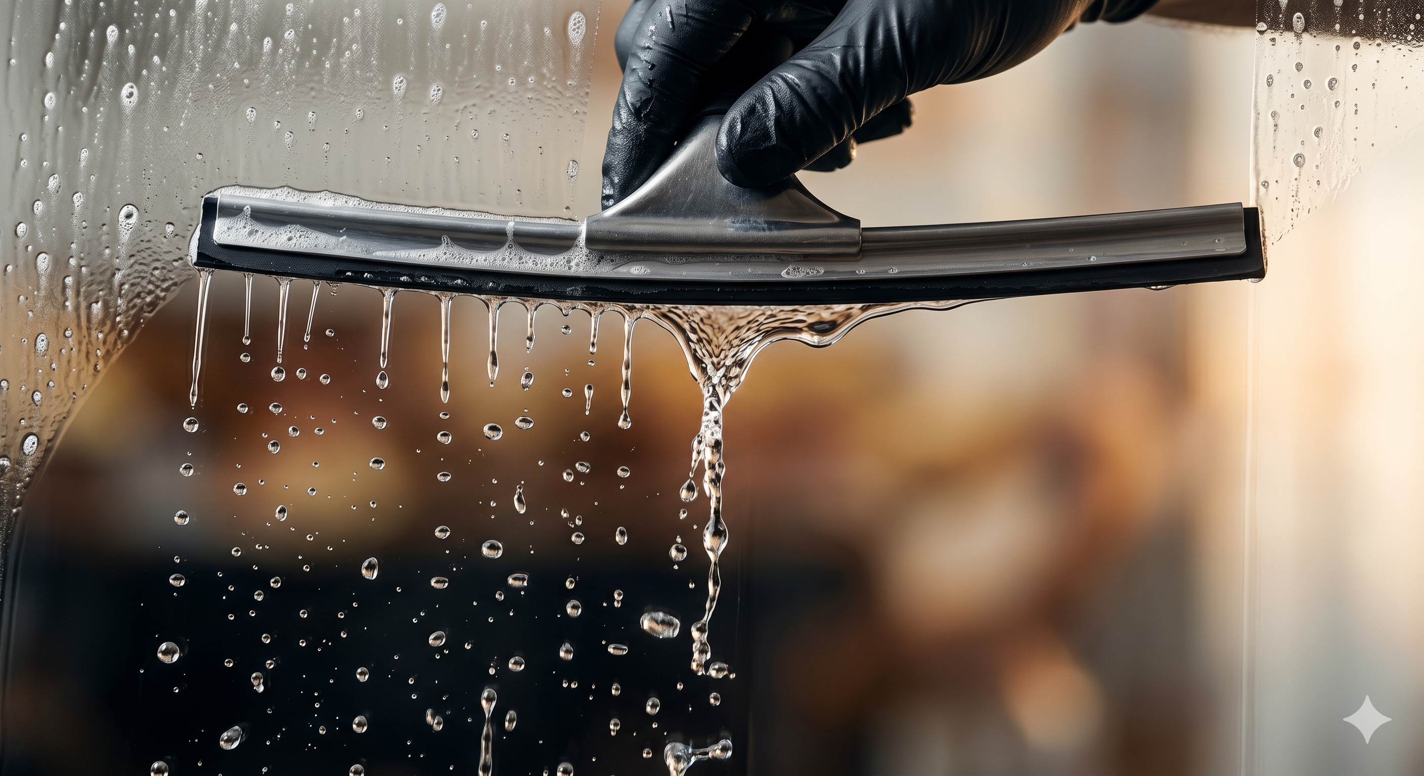 Detail of a squeegee blade on glass with water beading off the surface